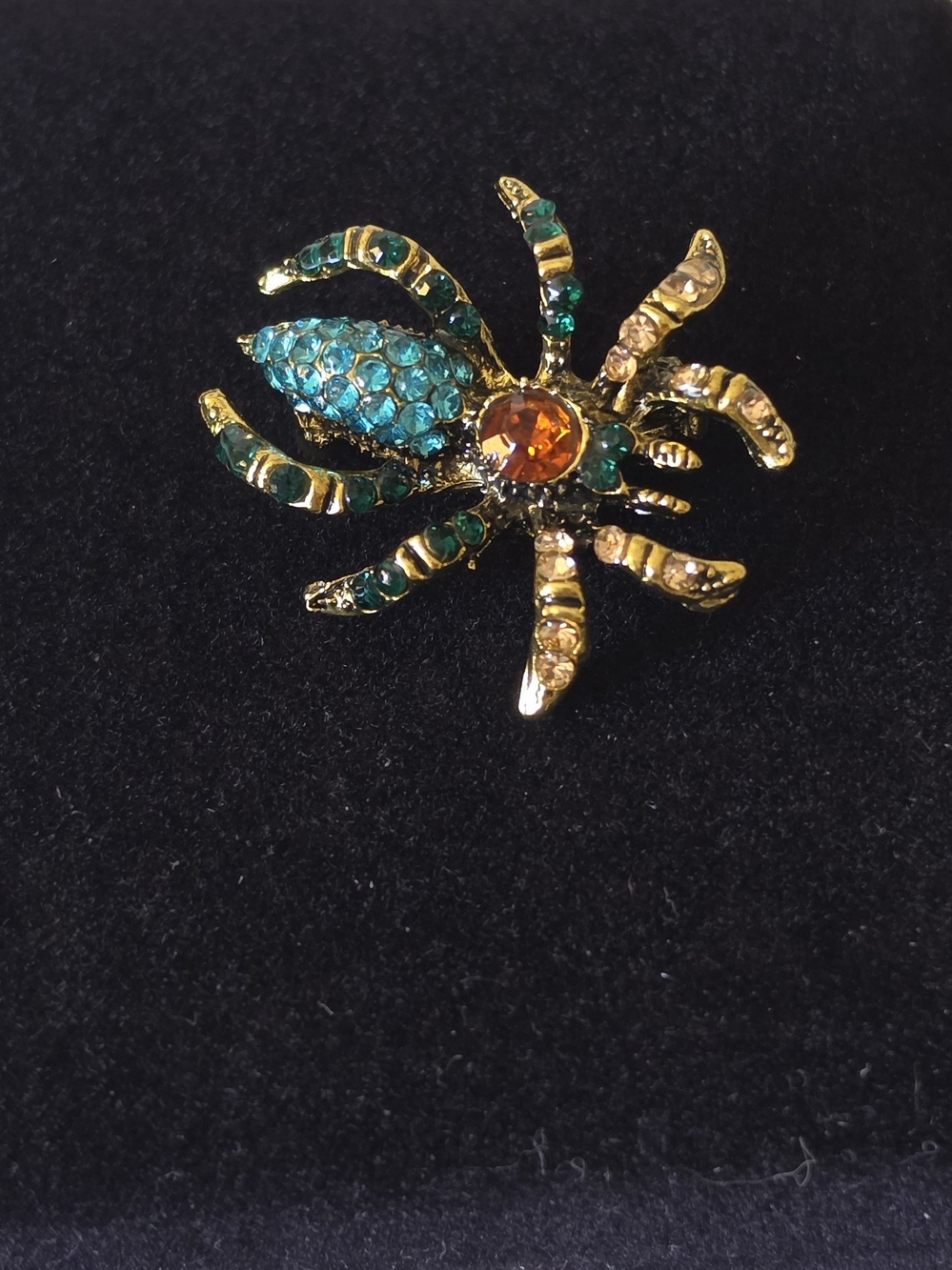 Gold-Tone Spider Brooch with Teal and Amber Crystals